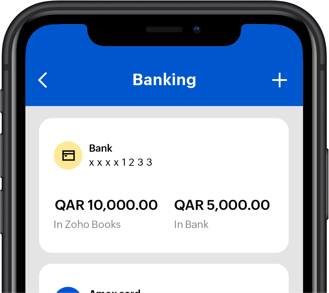 Zoho Books mobile app interface shows the banking module